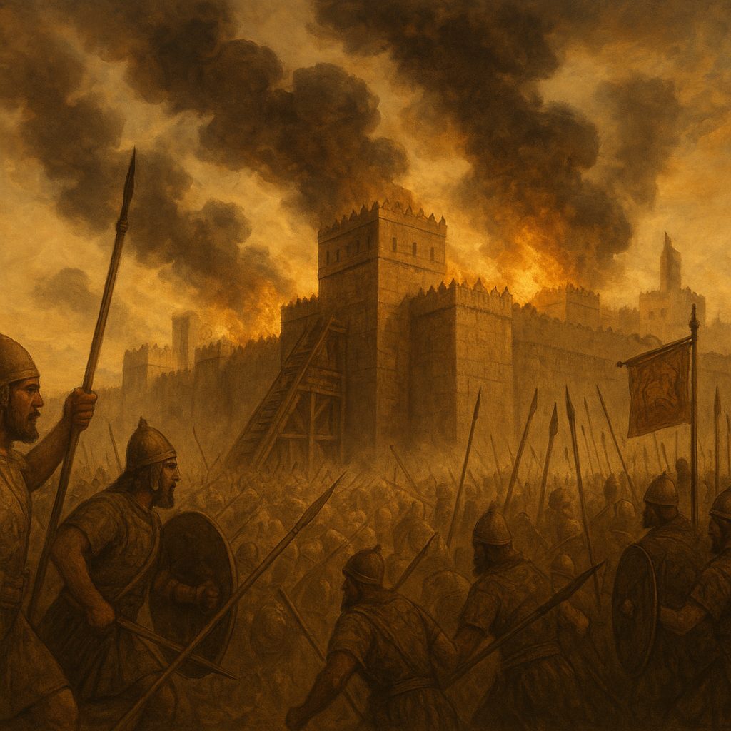 Babylonian army besieging Jerusalem with smoke rising in the background