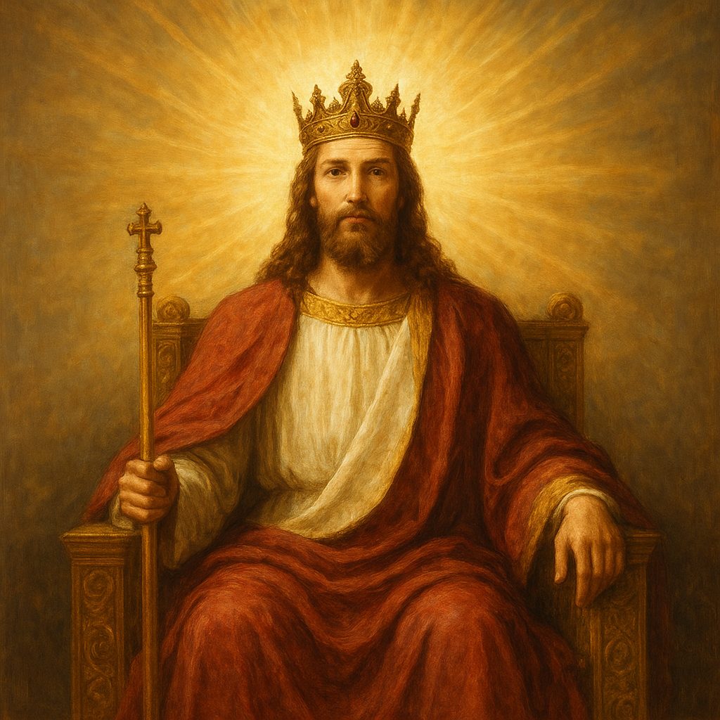 Messianic king seated on a throne with a crown and scepter, surrounded by light