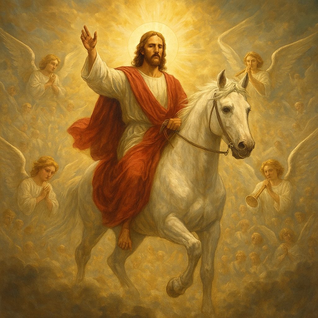 Glorious return of Christ on white horse with angels and heavenly hosts