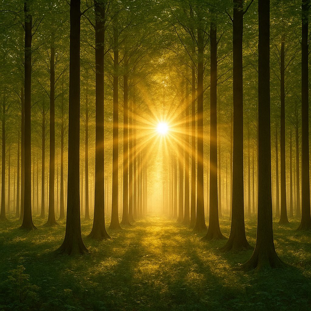 Sunlight shining through orderly trees symbolizing God’s covenantal order in nature