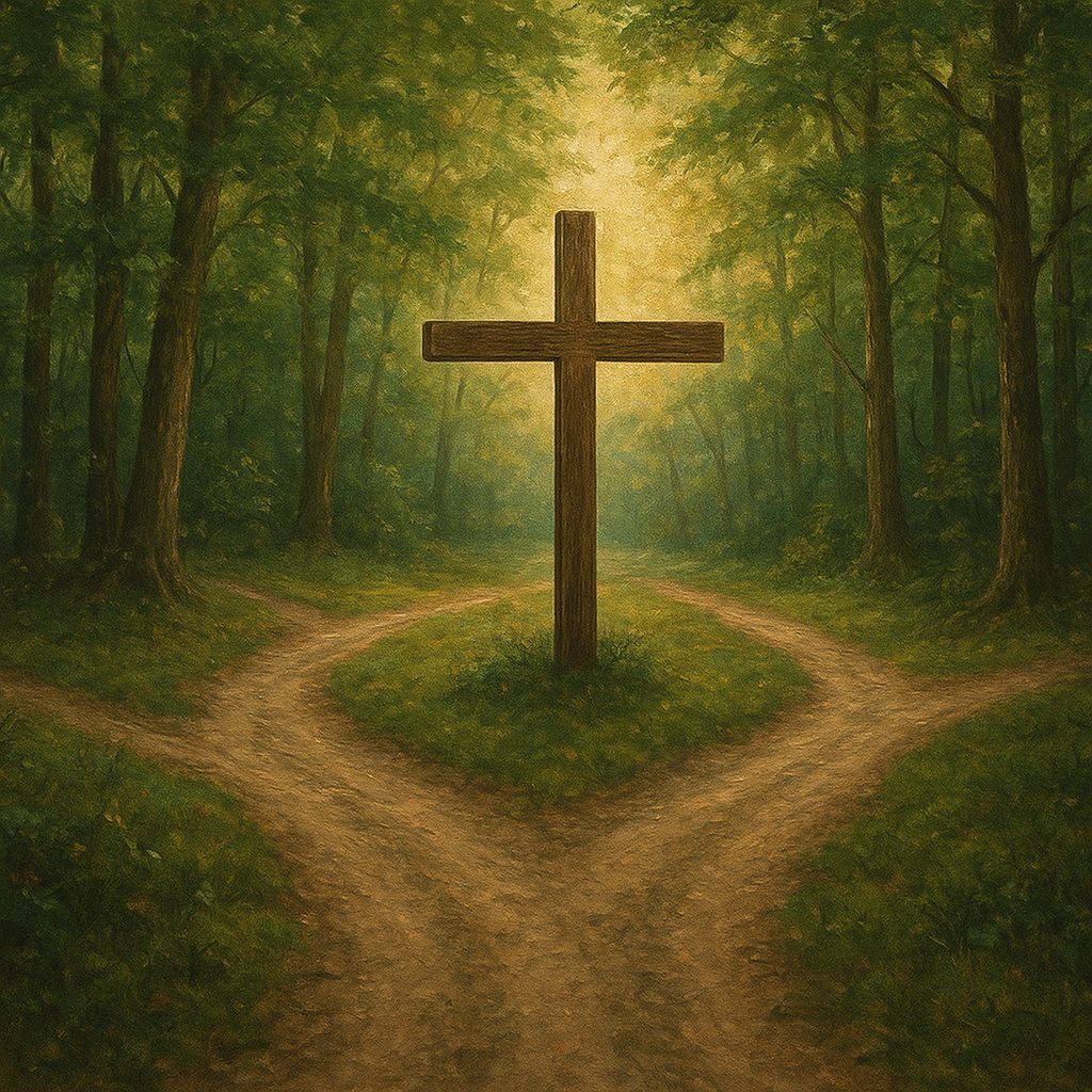 Crossroads in a forest symbolizing human choices under God's sovereign plan