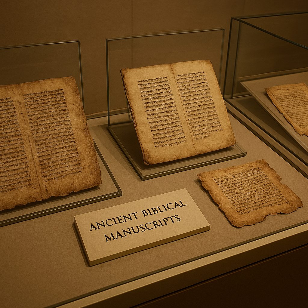 Ancient biblical manuscripts displayed in a museum